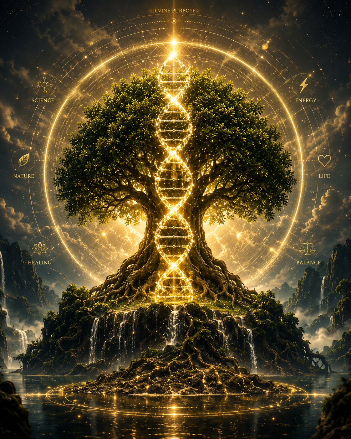 Sacred Tree of Life with golden DNA helix radiating divine purpose